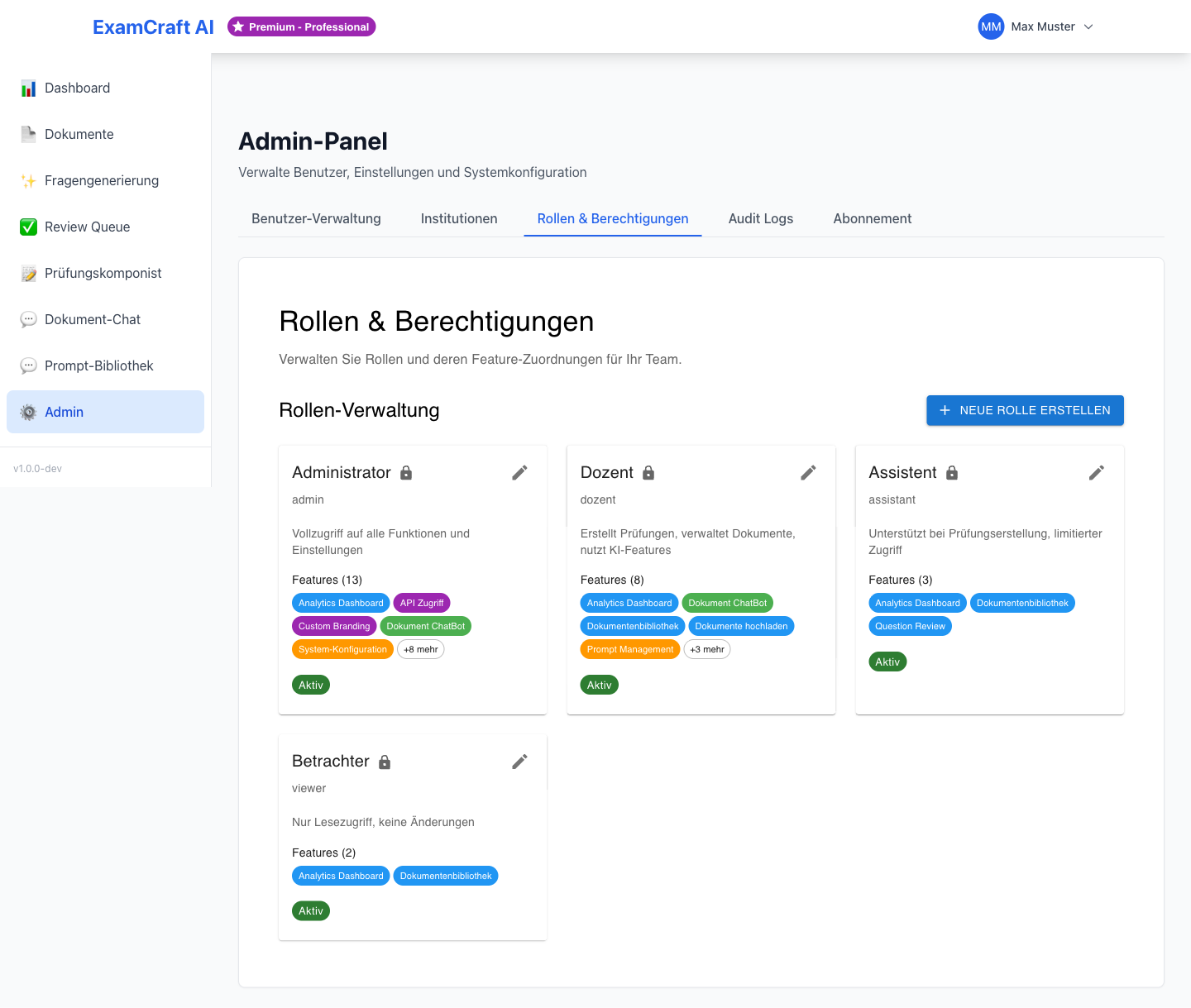 Admin Rollen und Berechtigungen