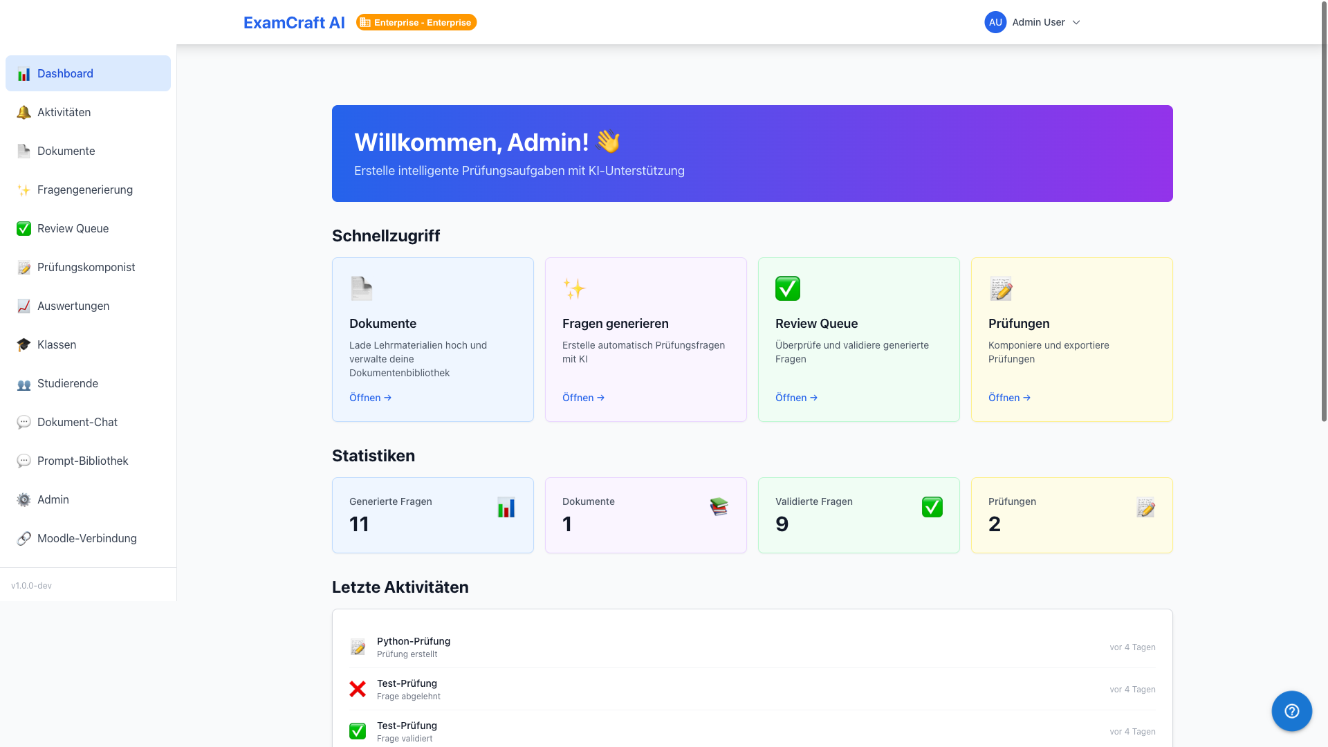 Dashboard — Widget-Link Aktivitäten