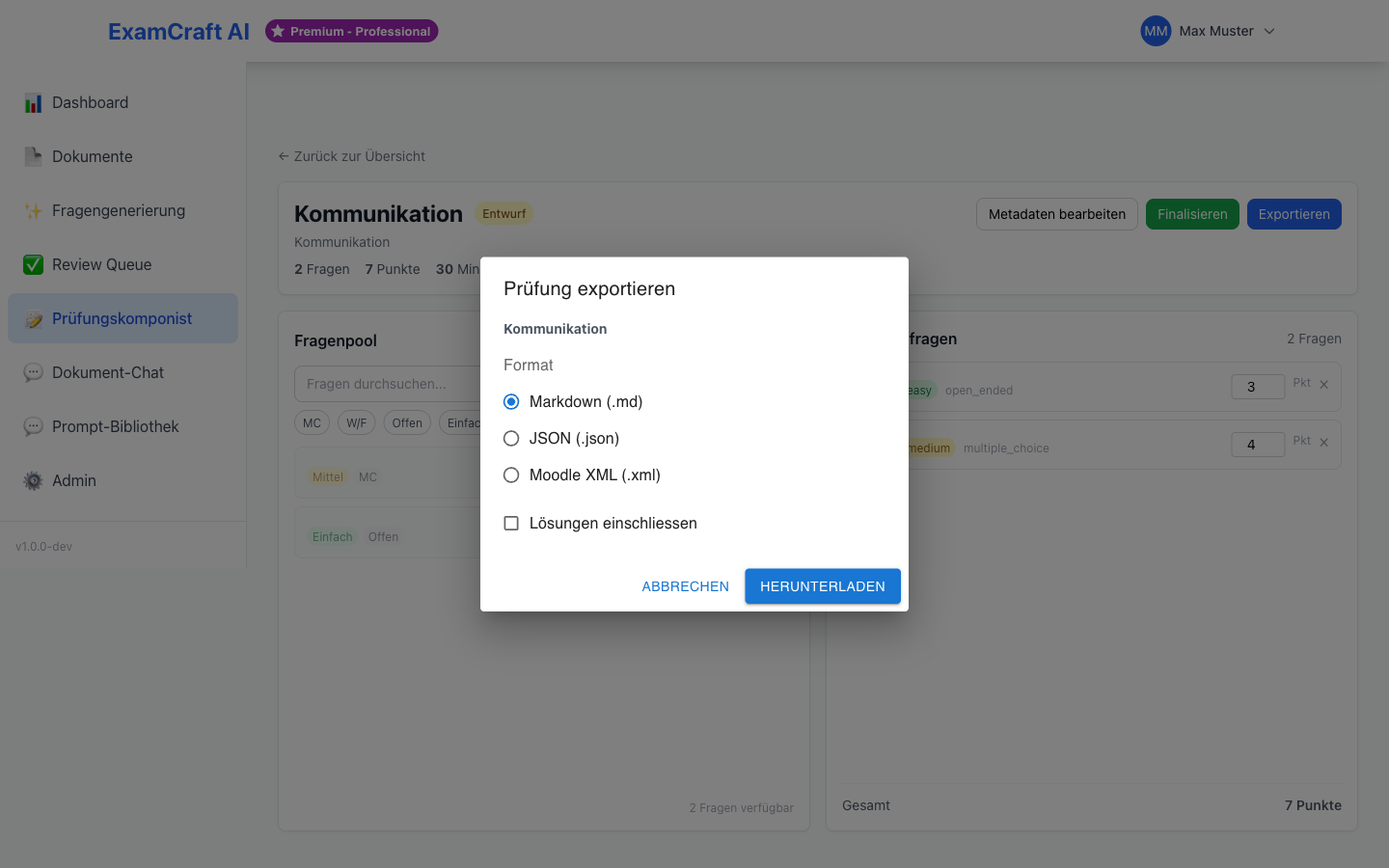 Prüfungskomponist — Export-Dialog