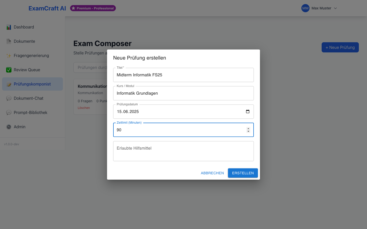 Prüfungskomponist — Neues Formular
