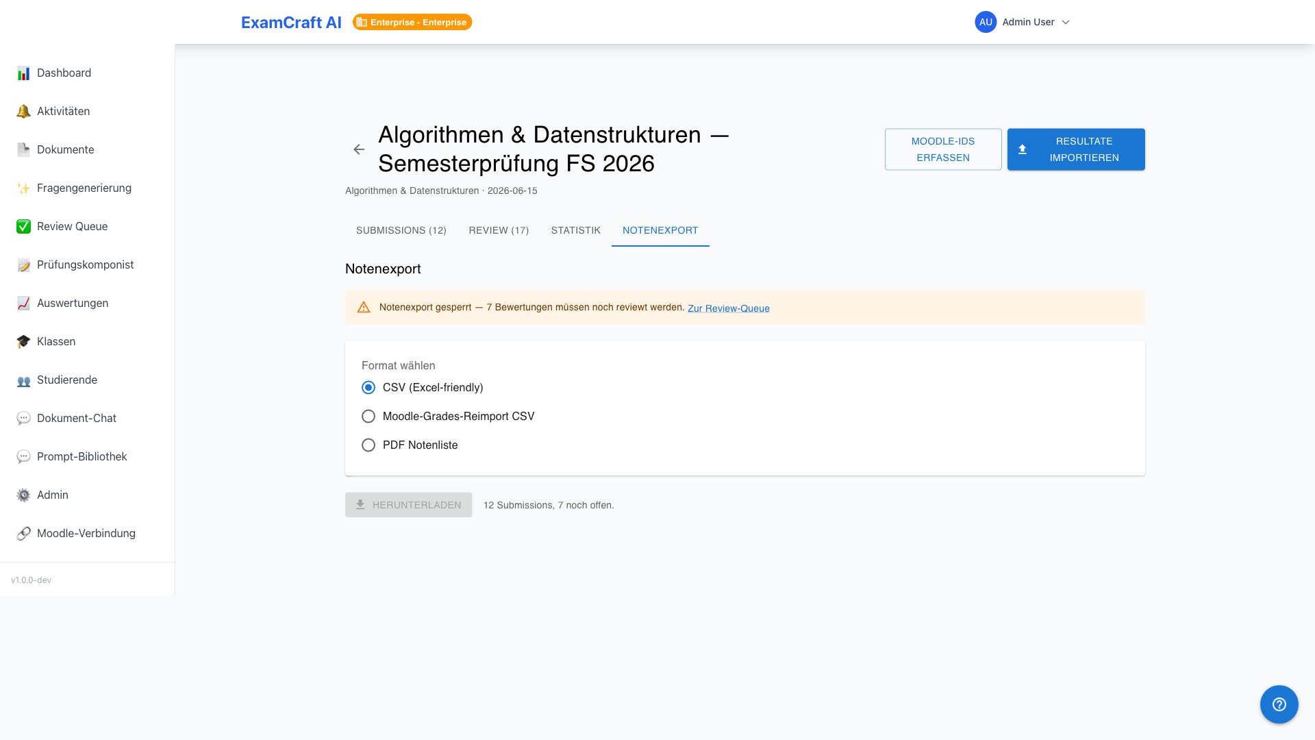 Notenexport blockiert — Banner